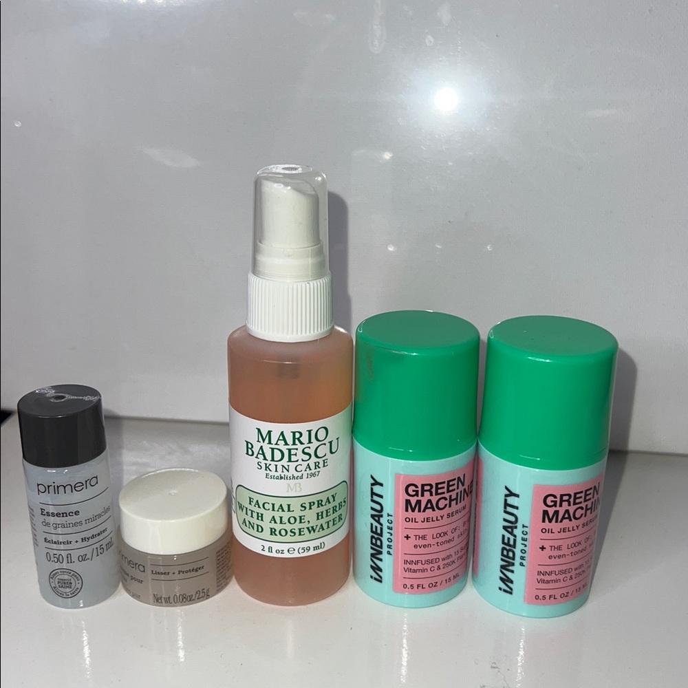 Innbeauty Green Machine jelly serum, Mario badescu rose spray and primera
